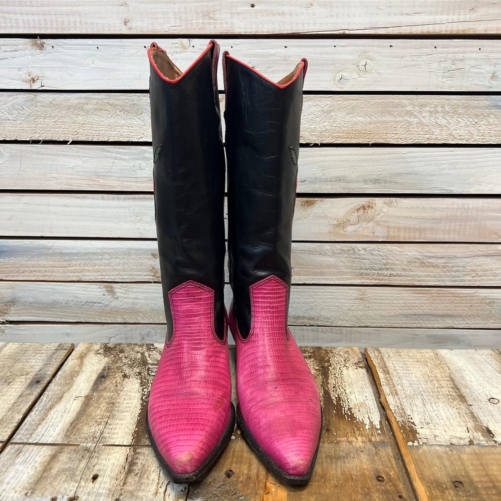 Vintage Nine West Pink Black Leather Rose Western Cowboy Boots 8.5M - Picture 2 of 11
